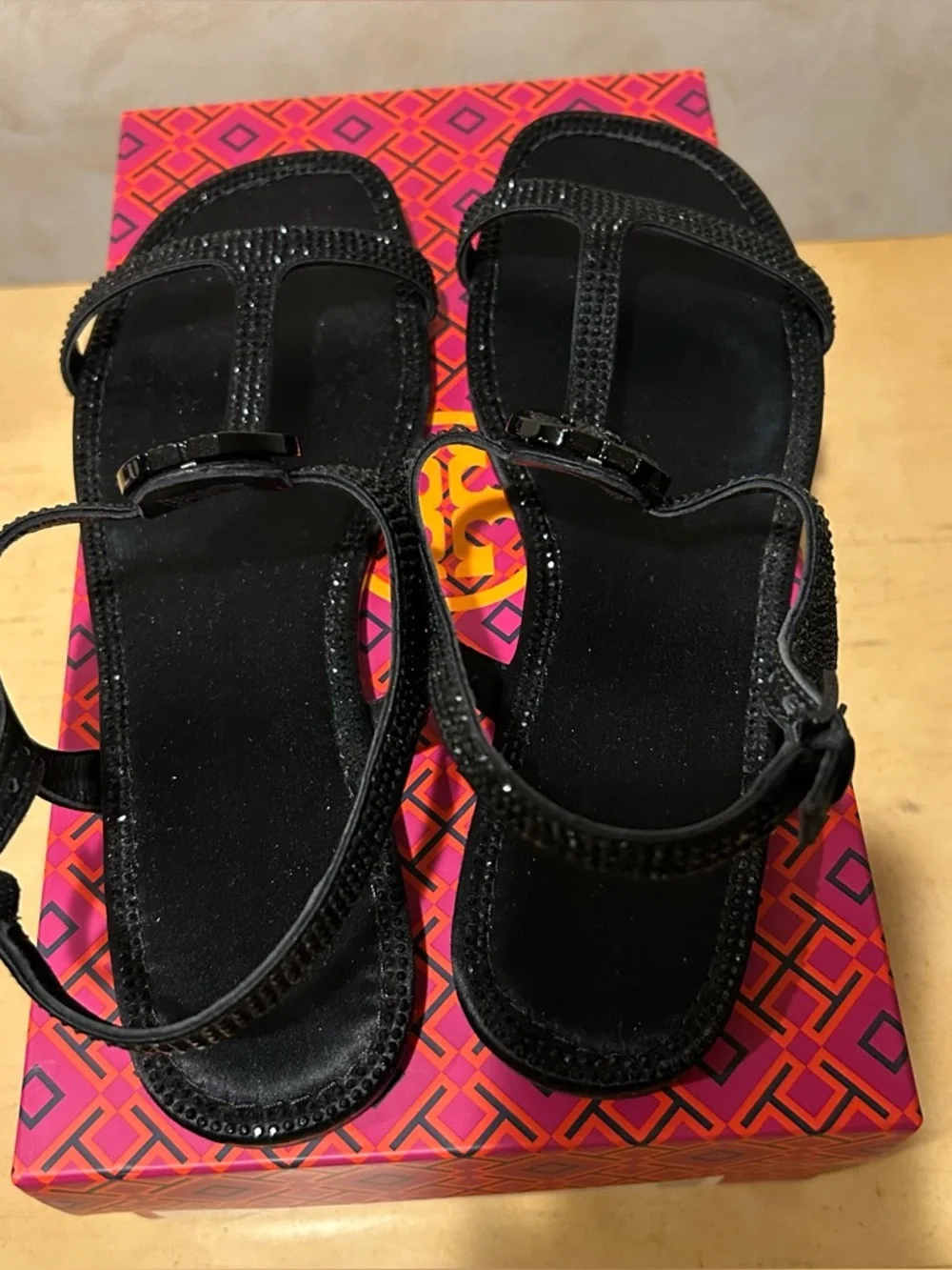 Tory Burch Delphine Crystal embellished black flat sandals in size 8